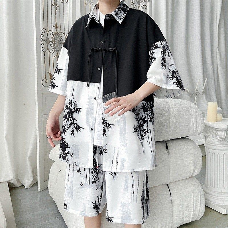 加大码300斤新中式国风拼接衬衫套装夏季男宽松帅气休闲衬衣短裤,男装,休闲运动套装,淘宝优惠券,粉丝福利购,淘宝优惠卷