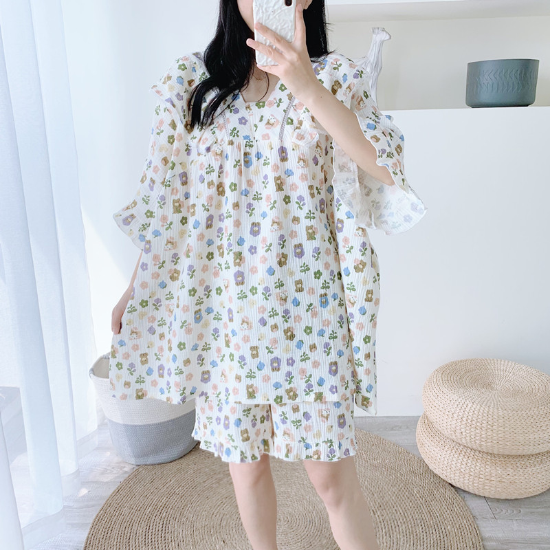 韩版花边甜美纯棉双层纱布睡衣女夏季大码短袖胖mm宽松V领家居服,女士内衣/男士内衣/家居服,睡衣/家居服套装,淘宝优惠券,粉丝福利购,淘宝优惠卷