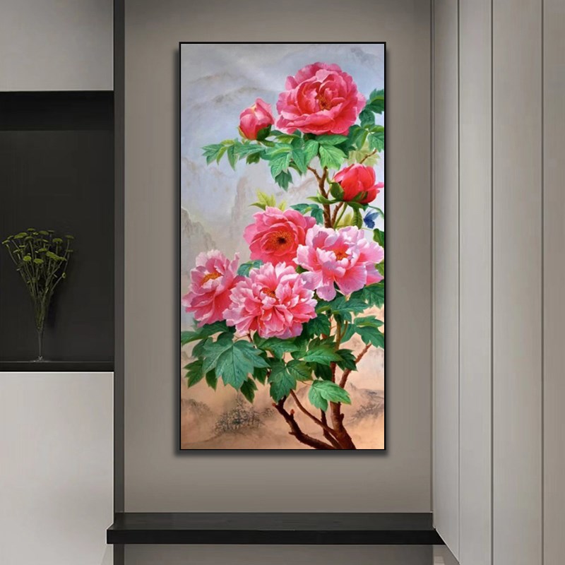 现代中式客厅玄关挂画花开富贵牡丹图卧室书房高级油画Z别墅装饰图片