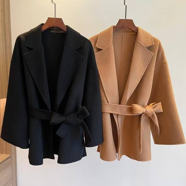 极简主义Jil S@nder篙短轻奢羊毛双面呢大衣系带显瘦毛呢外套