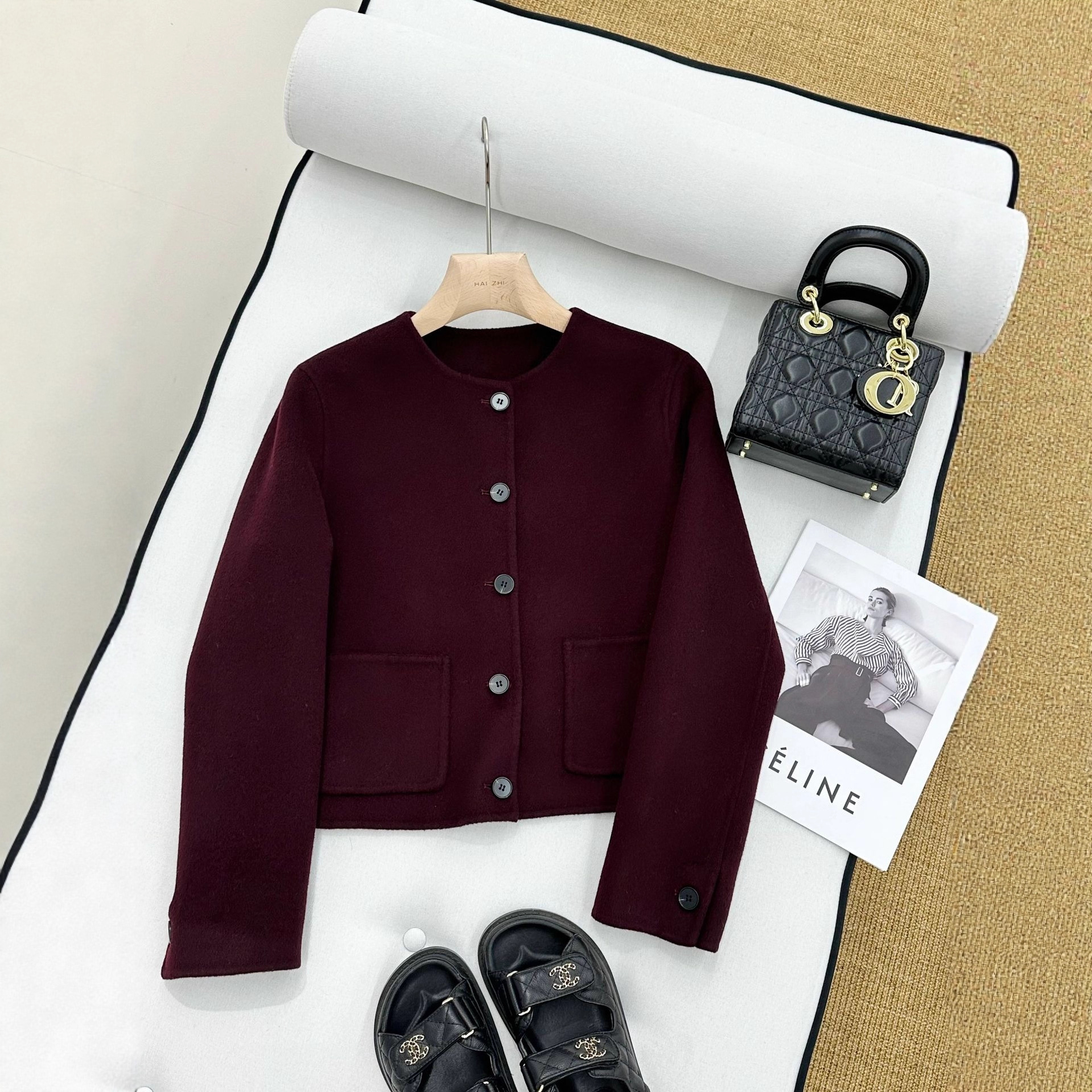 禾4900+！100绵羊毛~勃艮第酒红羊毛双面呢圆领夹克短外套女25秋