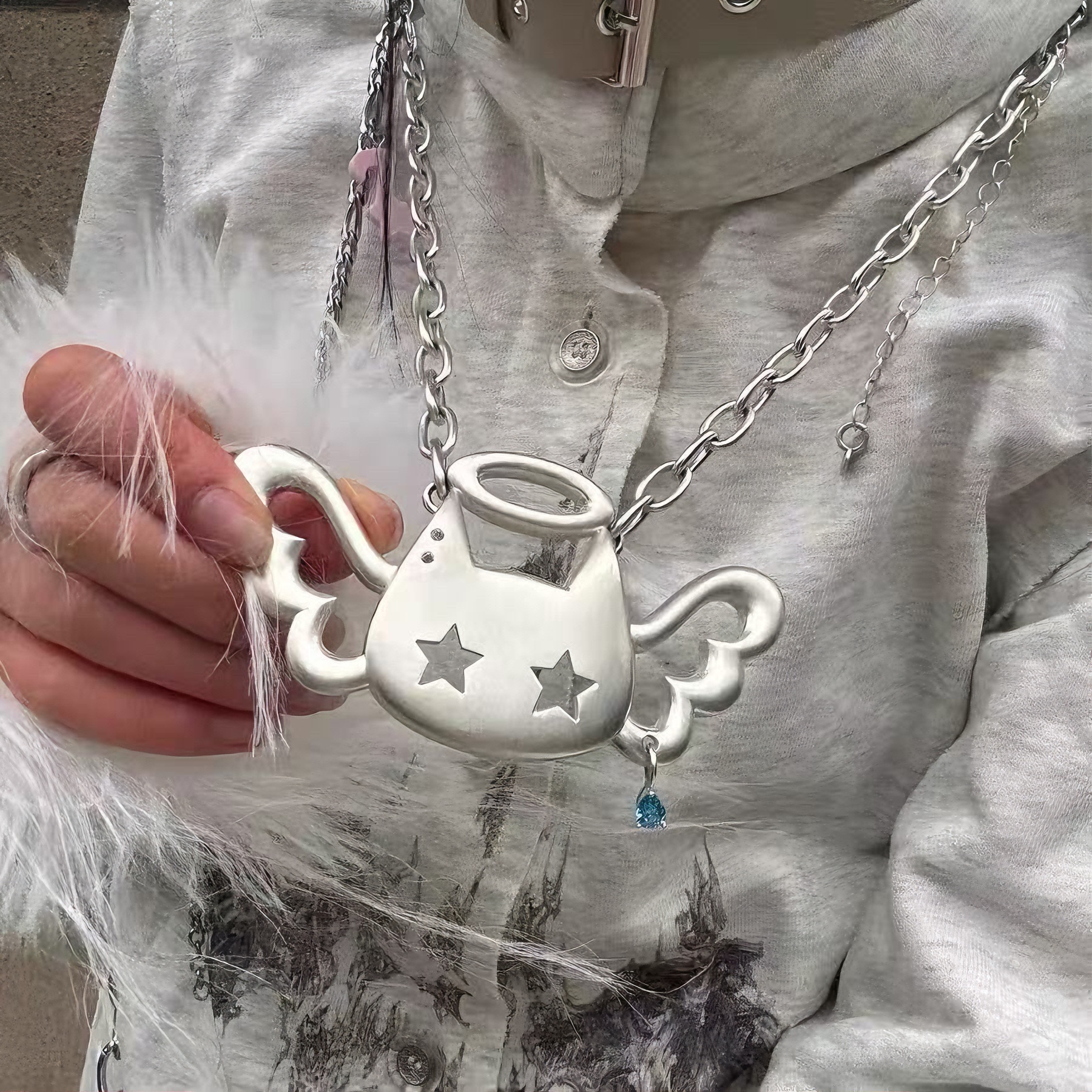 原创设计天使猫choker小众金属锆石夸张锁骨链项链y2k亚文化项链