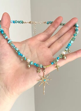 波西米亚蓝绿碎石串珠星芒项链女choker小众高级感辣妹锁骨链配饰