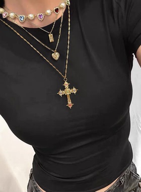 欧美彩钻爱心十字架吊坠项链套装ins甜酷锁骨链复古轻奢高级配饰