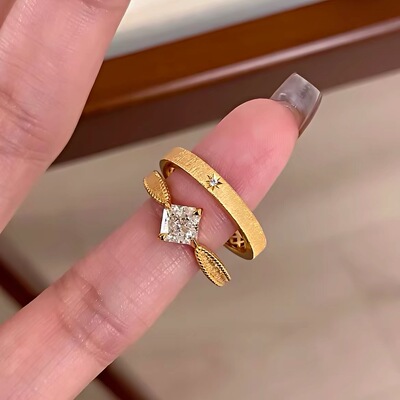 金色拉丝方糖锆石水星记戒指女2026新款轻奢高级感气质开口食指戒