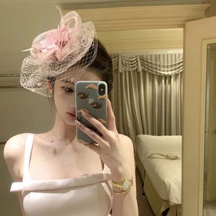 法式名媛粉色网纱小礼帽气质优雅高级感发饰千金宴会新娘头饰面纱