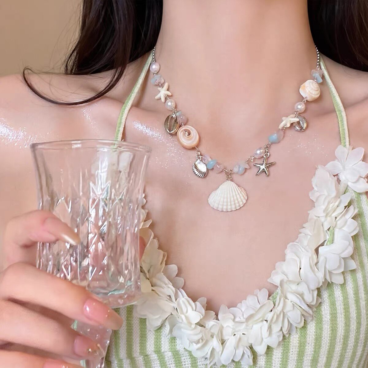 淡蓝色海星串珠项链海边度假风吊坠贝壳锁骨链夏天新款女颈链配饰
