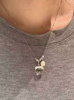 简约ins风透明水晶Kitty猫串珠吊坠项链女小众时尚百搭设计感配饰