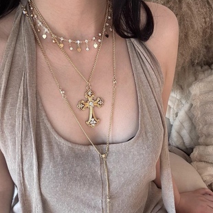 复古夸张多层金色十字架项链女choker颈链y2k甜酷辣妹锁骨链配饰