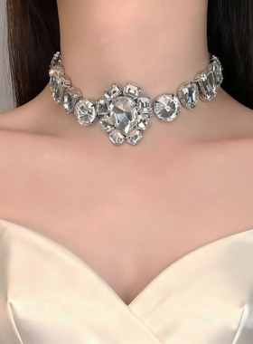 超闪精致夸张水钻串珠项链冷淡风欧美小众设计宴会百搭锁骨链颈链