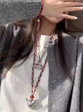 红色编织绳满足鸟罐子吊坠项链女长款可调节小众百搭锁骨链毛衣链