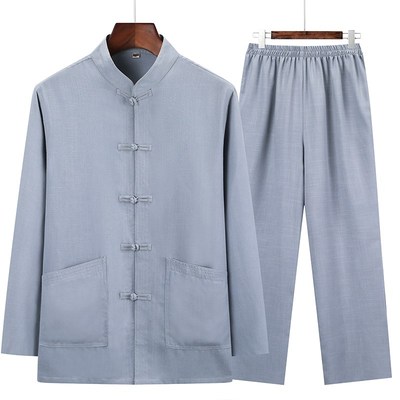 中国风唐装棉麻长袖衬衫男中老年人衣服春秋夏季薄款透气爸爸套装