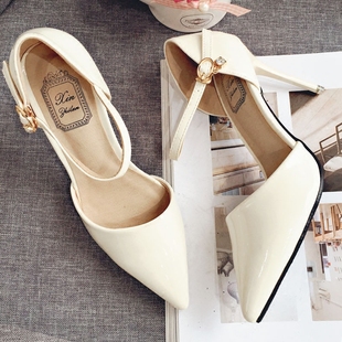 白色中空高跟鞋女细跟一字带包头v单鞋秋 气质小码313233大码41-4