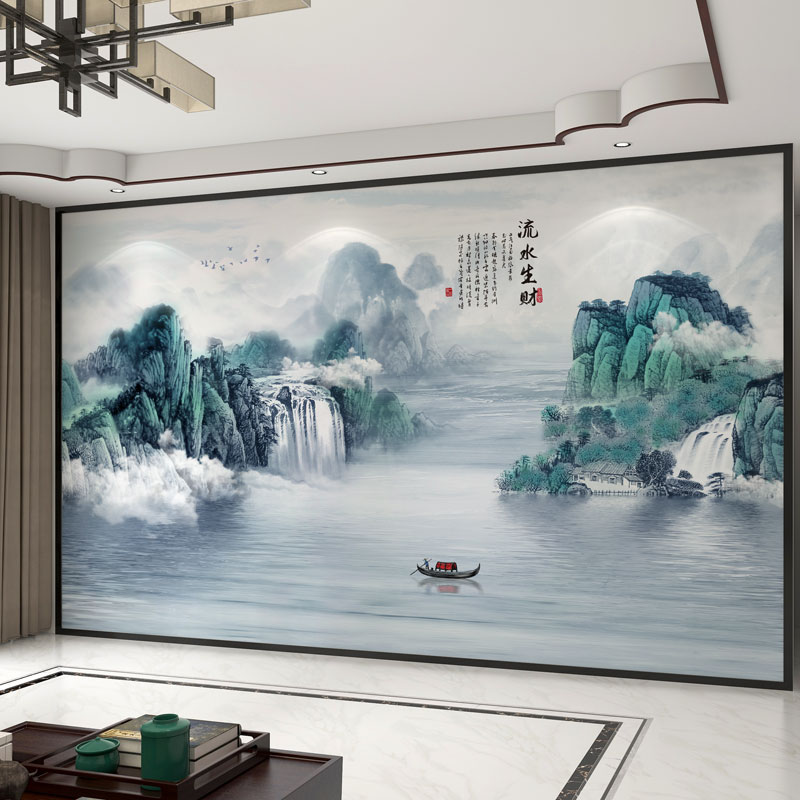 壁画定制新中式电视背景墙壁纸客厅装饰壁布流水生财影视墙布墙纸图片