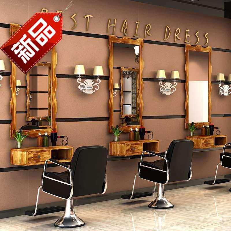 复古理发店镜子i美发镜台欧式发廊镜单面剪发实木柜子壁挂◆新款