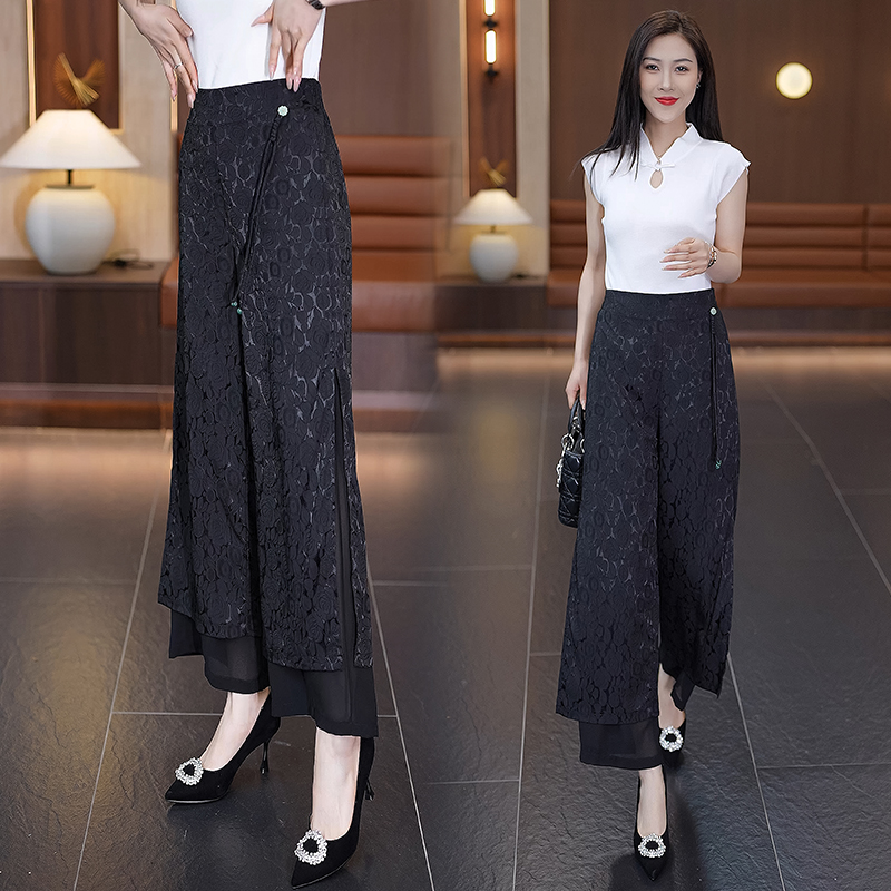 九分阔腿裤女夏季薄款2025新款设计感国风高腰宽松显瘦垂感裙裤子