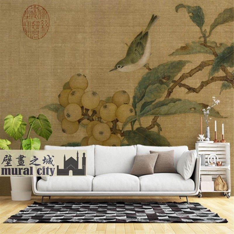 中式工笔花鸟画墙布古风山鸟枇杷图壁纸壁布复古宋代名画背景壁画,家装主材,定制壁画,淘宝优惠券,粉丝福利购,淘宝优惠卷