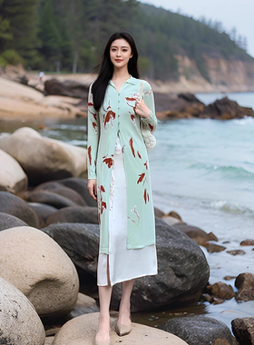 绿色针织防晒开衫披肩上衣女夏季薄款外搭中长款开叉冰丝空调外套