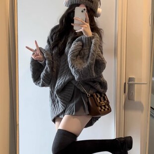 灰色慵懒风宽松软糯中长款毛衣百褶裙两件套装秋冬V领复古高级感