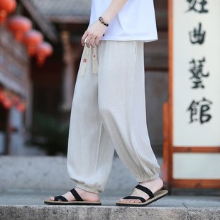 棉麻裤 子新中式 萝卜裤 男夏季 宽松束脚哈伦裤 薄款 大码 亚麻裤 灯笼裤