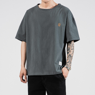 夏季 2021新款 刺绣棉麻青少年体恤 T恤男简约日系百搭半袖 亚麻短袖