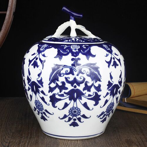 中式陶瓷装饰花瓶摆件青花手绘罐子带盖储物罐酒店样板房玄关摆件