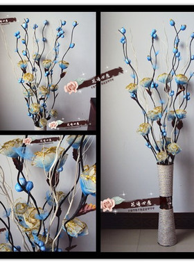 干支干花干枝白色k龙柳搭配蓝色金粉玫瑰花叶脉花落地装饰花艺居