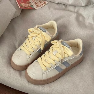 女2025新款 兔兔宋小清新黄蓝配色板鞋 百搭学生厚底小白鞋 皮面