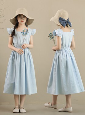 2023夏季新款法式女童方领长裙公主收腰蓝色高级感童裙度假风小众