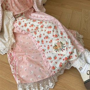 夏季 森系复古感绿色碎花松紧腰半身裙下摆拼接蕾丝花边显瘦长裙