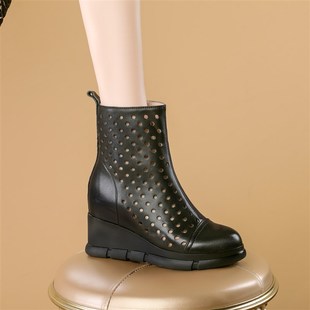 8.5cm内增高真皮女短靴圆头夏季 洞洞凉靴高跟坡跟厚底春秋马丁靴