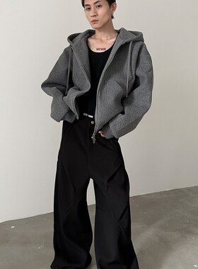 10/31 PM20:00 上新9折 小众基础灰色毛呢廓形双拉链连帽卫衣外套