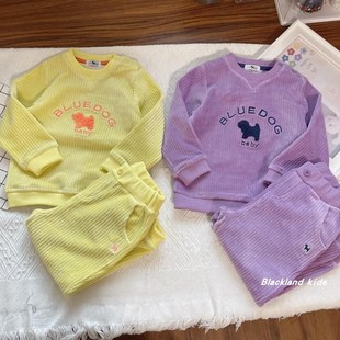 不加绒春秋冬韩国童装男童女童儿童宝宝粗条绒卫衣卫裤运动裤套装