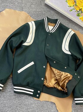 高级感墨绿色羊毛呢外套真皮棒球服经典韩版简约夹克休闲外套男女