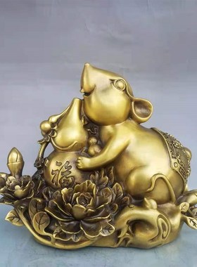 纯铜老鼠摆件聚宝盆鼠生肖鼠金钱元宝鼠金鼠家P居玄关办公室工艺