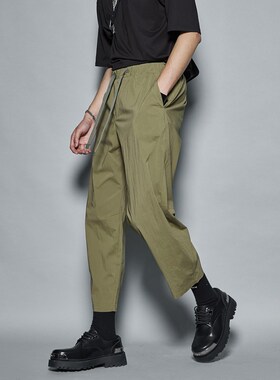 高品质 时尚日系复古山系绿色和黑色工装男休闲锥形机能裤九分裤