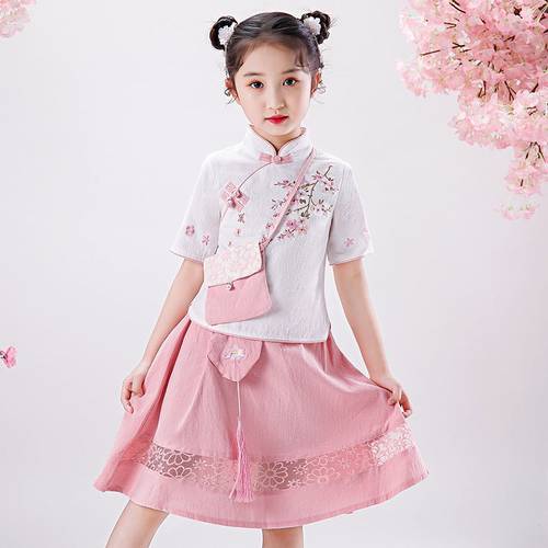 女童旗袍两件套女孩汉服女春秋连衣裙大童中国风棉麻儿童春夏套装