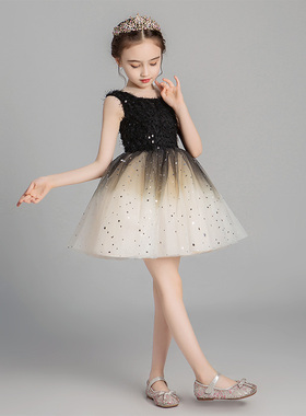 女童晚礼服公主裙小花童r连衣裙童装婚纱儿童黑色渐变洋气演出服
