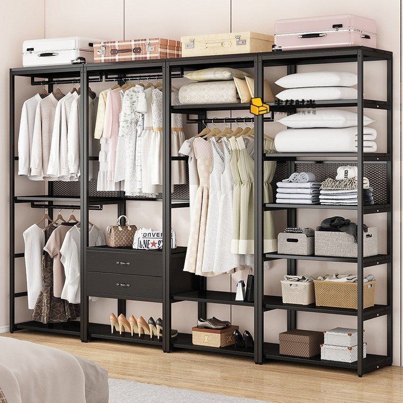 开放式衣柜金属框架步入式衣帽间架子组装钢木结构铁艺挂衣架落地