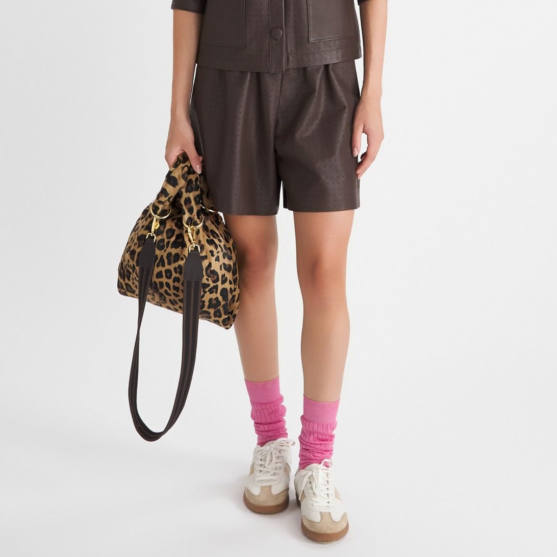 SIMONETTA RAVIZZA26春夏 羊皮革镂空松紧腰休闲棕色皮革短裤,女装/女士精品,短裤,淘宝优惠券,粉丝福利购,淘宝优惠卷