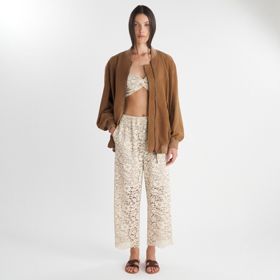 SIMONETTA RAVIZZA26春夏 皮革棒球领夹克外套花卉蕾丝九分长裤