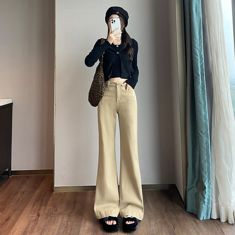 复古高腰卡其色微喇牛仔裤女显瘦垂坠感喇叭长裤女装