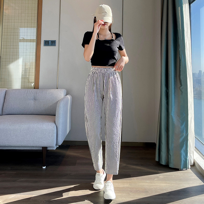 高腰条纹休闲裤女宽松直筒九分裤显瘦百搭裤子女装女裤,女装/女士精品,休闲裤,淘宝优惠券,粉丝福利购,淘宝优惠卷