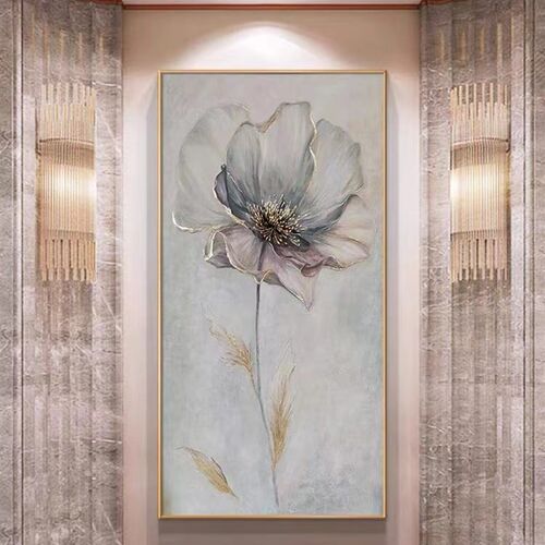 手绘油画淡雅牡丹玄关竖挂画装饰画客厅走廊现代壁画