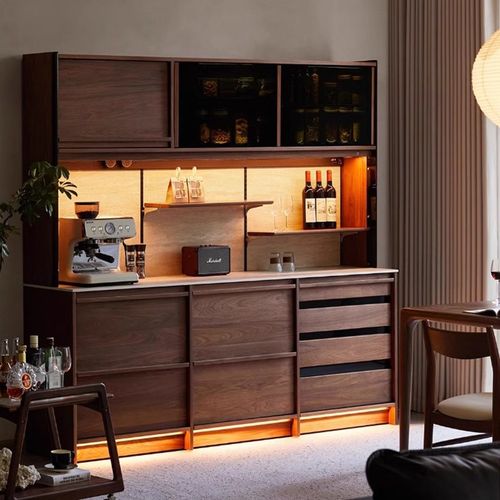 北美餐边柜靠墙一体实木中古风骨骼线橱柜酒柜茶水柜