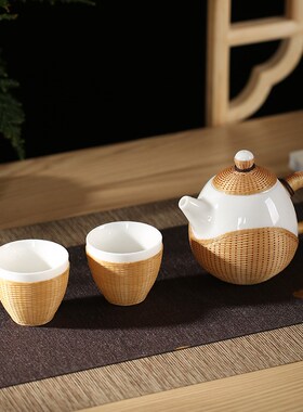 非遗手工竹编茶壶茶具西施壶竹丝扣瓷茶杯茶具装功夫茶一壶二杯