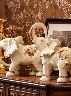 欧式陶瓷办公室装饰摆件大象一对轻奢高级感客厅高档大气吸水招财