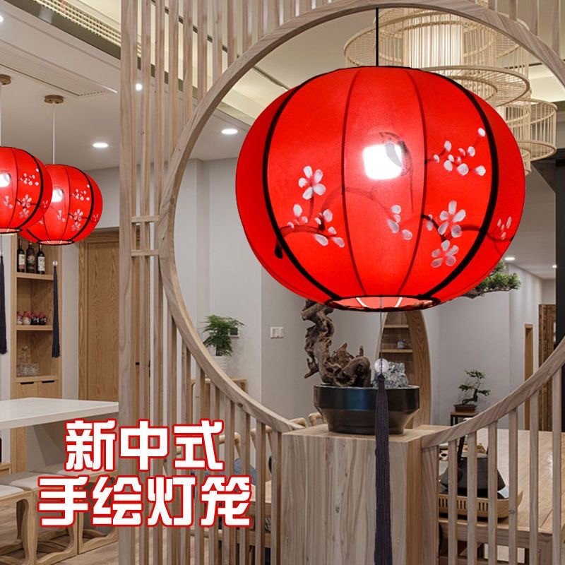 新中式弹力布艺手工绘画庭院走廊阳台别墅装饰七彩色古典圆形灯笼图片