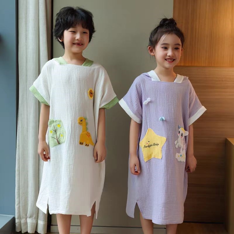 儿童斗篷短袖夏季浴袍式浴巾洗澡游泳大人纯棉纱布可穿裹亲子浴裙