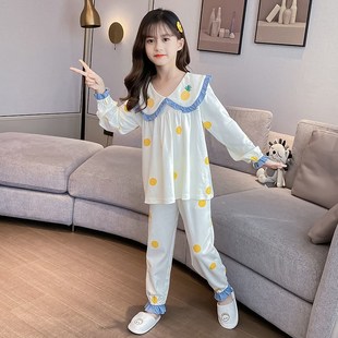 宽松薄款 儿童春秋季 女童睡衣套装 长袖 娃娃领大童空调服家居服 新款
